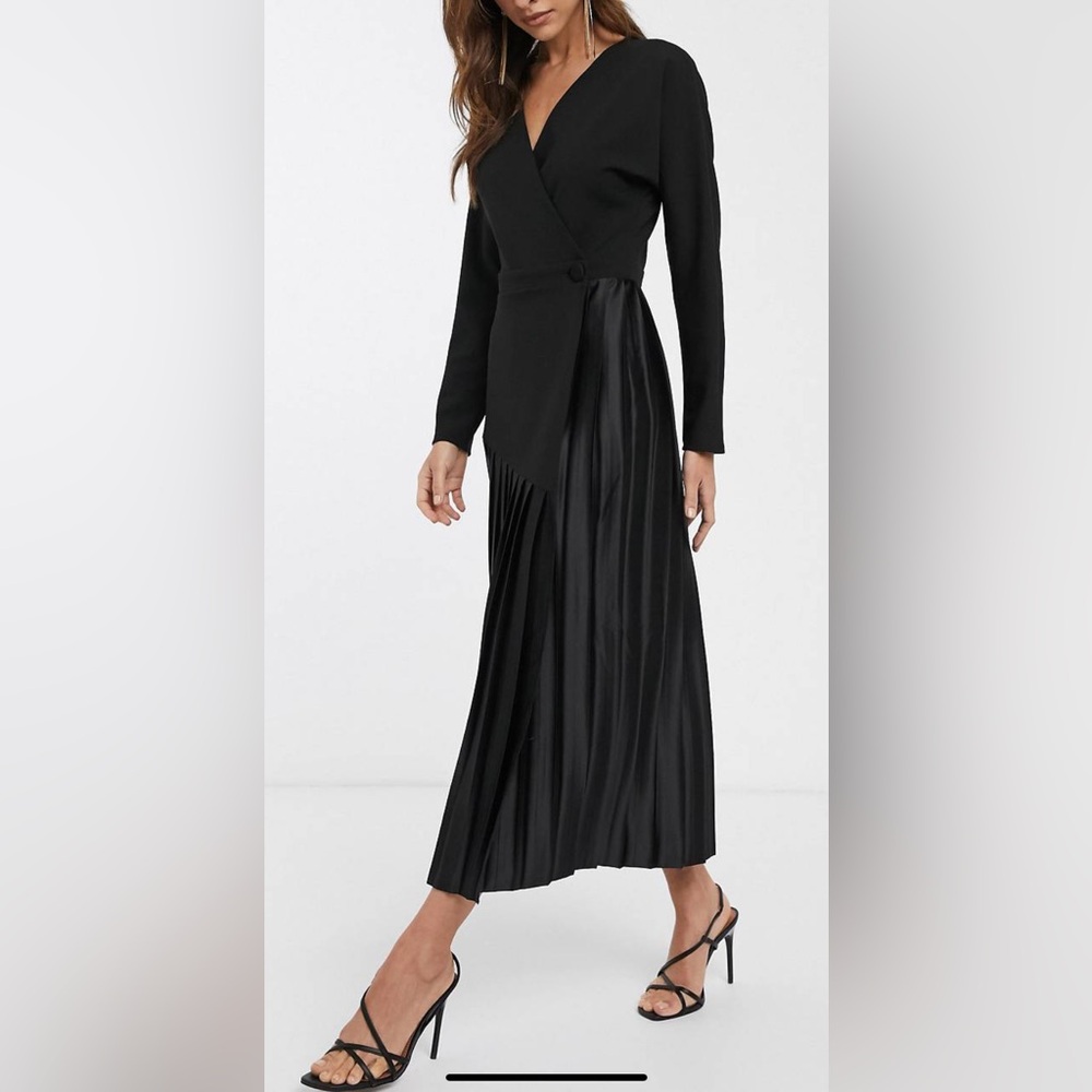 Pleated Satin Midi Dress in Black